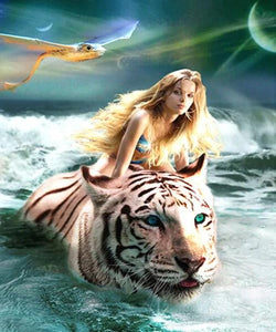 Girl Riding a White Tiger Diamond Painting