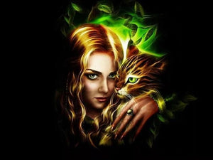 Green Eyed Cat & Girl diamond Painting