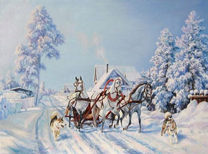 Horse Cart on Snowy Road Diamond Painting