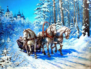 Horses Carrying a Cart in Snow