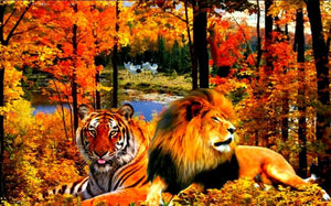 Lion & Tiger in the Forest Diamond Painting