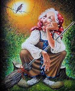 Old Witch with Broom Diamond Painting Kit