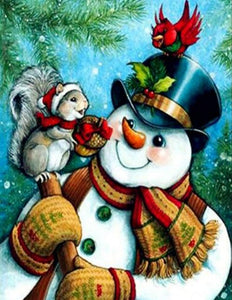 Snowman with Squirrel & Bird Diamond Painting
