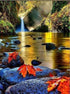 Waterfall & Maple Leaves on Rocks